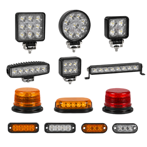Assorted LED vehicle lights: square, round, bar, amber and red warning beacons on white background