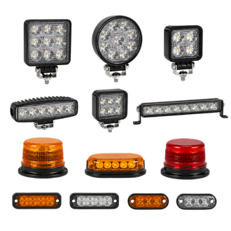 Assorted LED vehicle lights: square, round, bar, amber and red warning beacons on white background