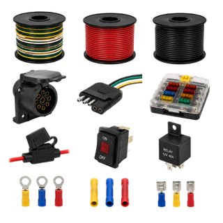 Automotive electrical wiring kit with colorful cable spools, connectors, switches, fuses, and terminals