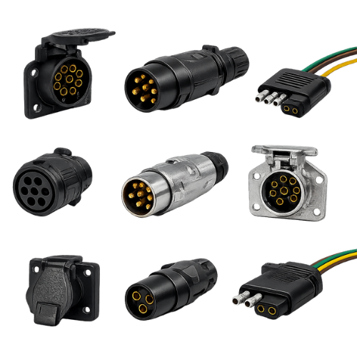 Assorted round automotive electrical connectors in black, silver, and gray on a white background