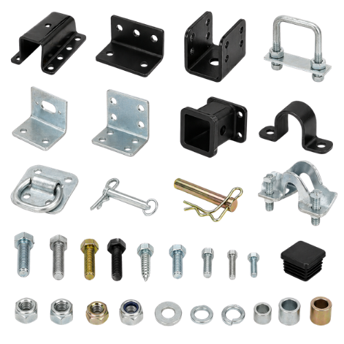 Assorted metal brackets, clamps, bolts, nuts, washers, and fasteners on a white background