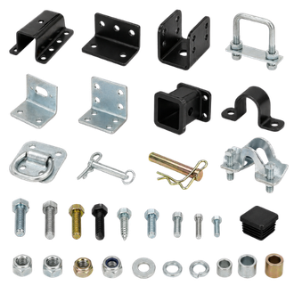 Assorted metal brackets, clamps, bolts, nuts, washers, and fasteners on a white background