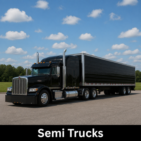 Black semi truck with trailer parked on a road under a blue sky with clouds