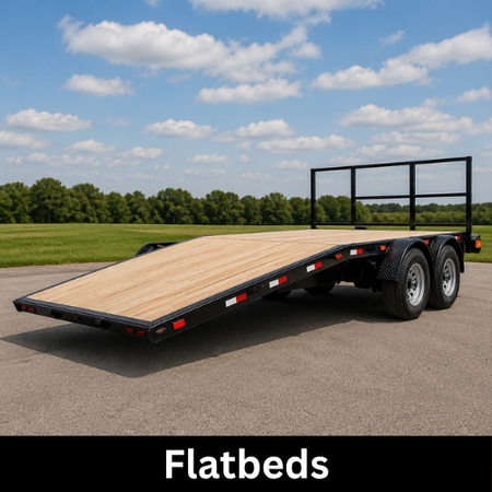 Black flatbed utility trailer with wooden deck on an open road under a blue sky