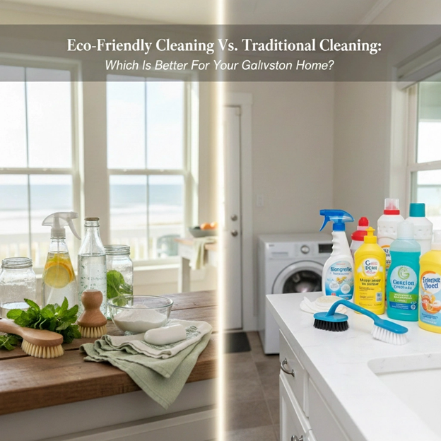 Split image comparing eco-friendly cleaning supplies (left) with traditional cleaners (right) on a kitchen countertop.