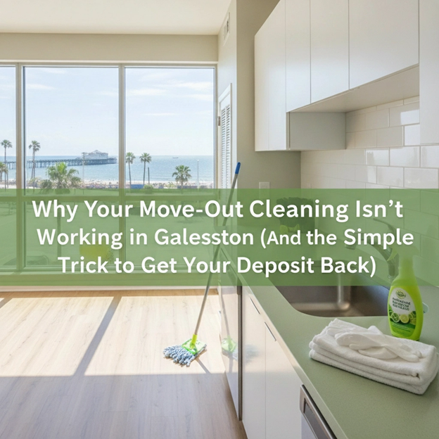 A bright interior with cleaning supplies, ocean view, and text: