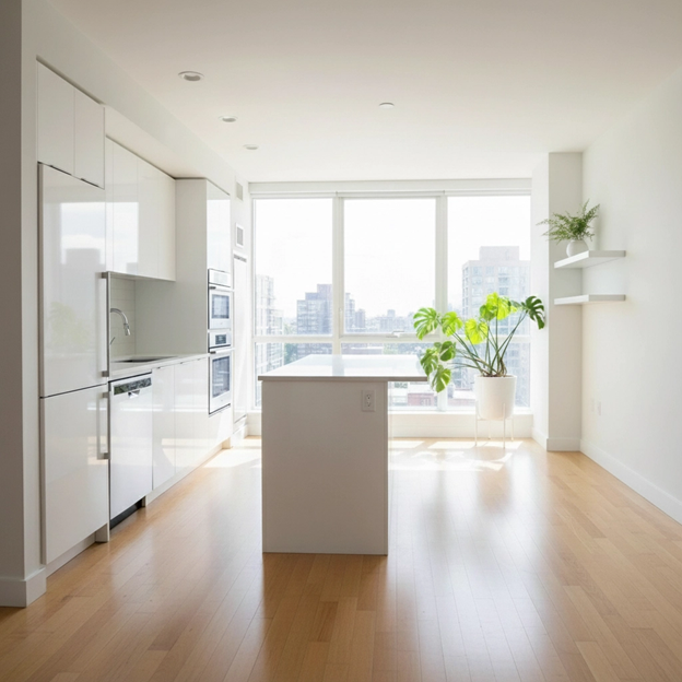 Modern white kitchen with island, large window, and hardwood floors.