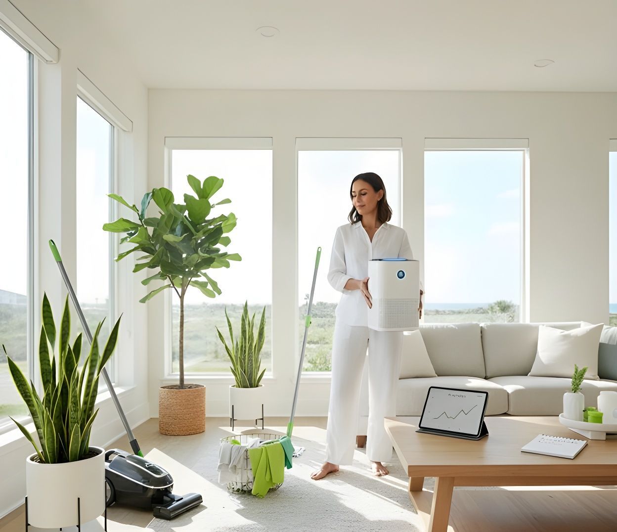 Woman holding air purifier in sunlit living room with plants and cleaning supplies.