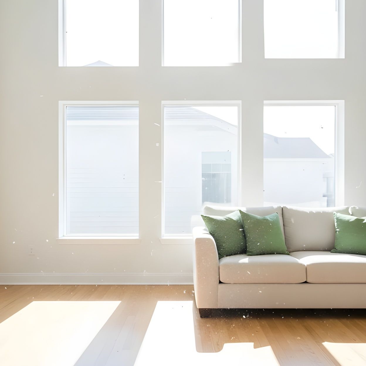 Bright living room with large windows, white walls, and a beige sofa with green pillows.
