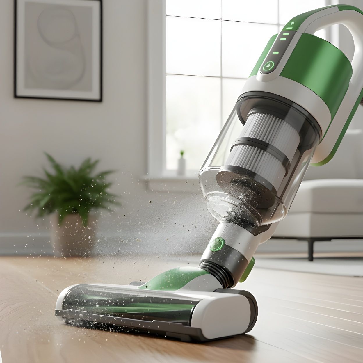 A white and green cordless vacuum cleaner cleaning a wooden floor with dust and debris.