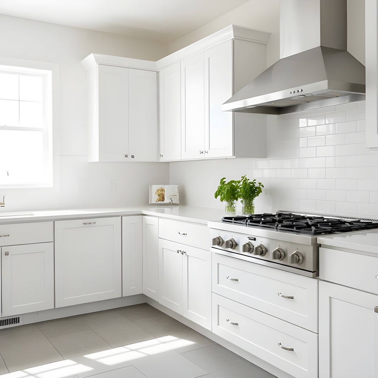 White kitchen with stainless steel appliances, white cabinets, and gray floor.