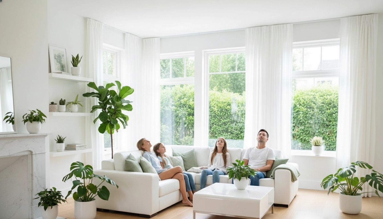 Family relaxing on a white sofa in a bright living room with large windows and plants.
