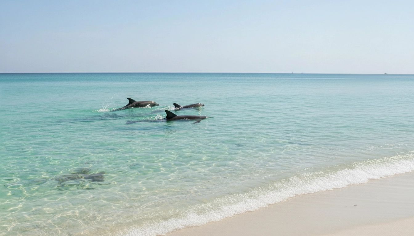 Three dolphins swim in clear, turquoise water near a white sand beach under a blue sky.