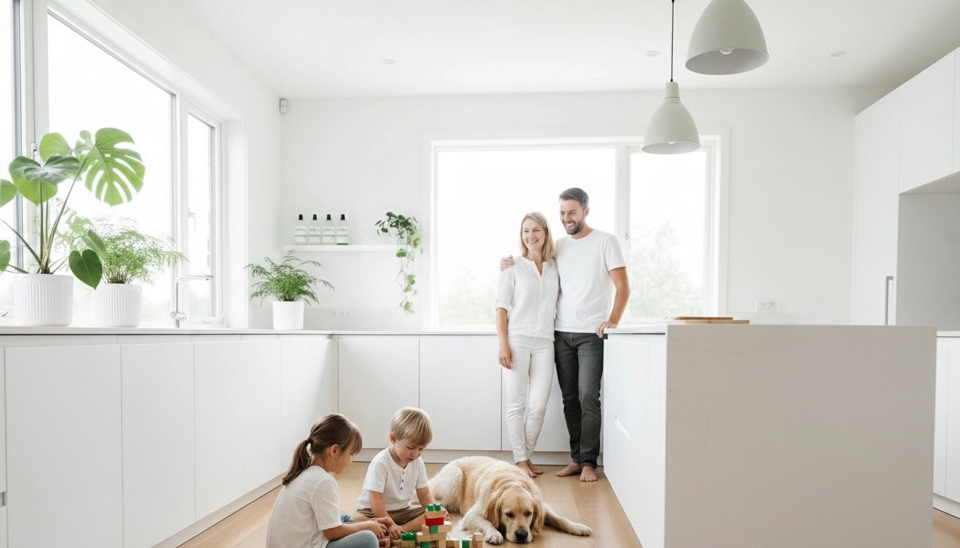 Family in a modern white kitchen with children playing with blocks and a dog.