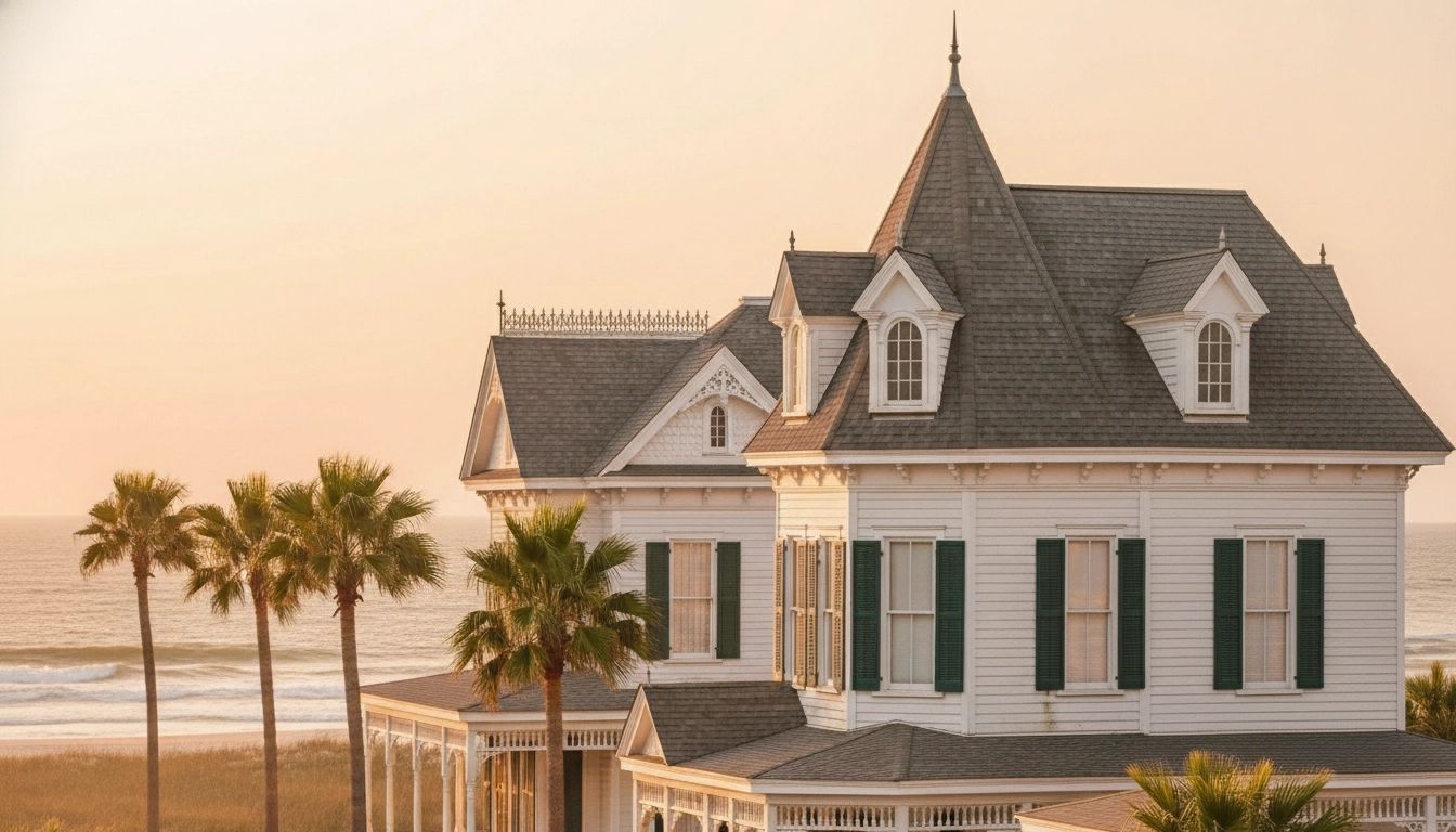 White Victorian house with gray roof, ocean and palm trees at sunset.