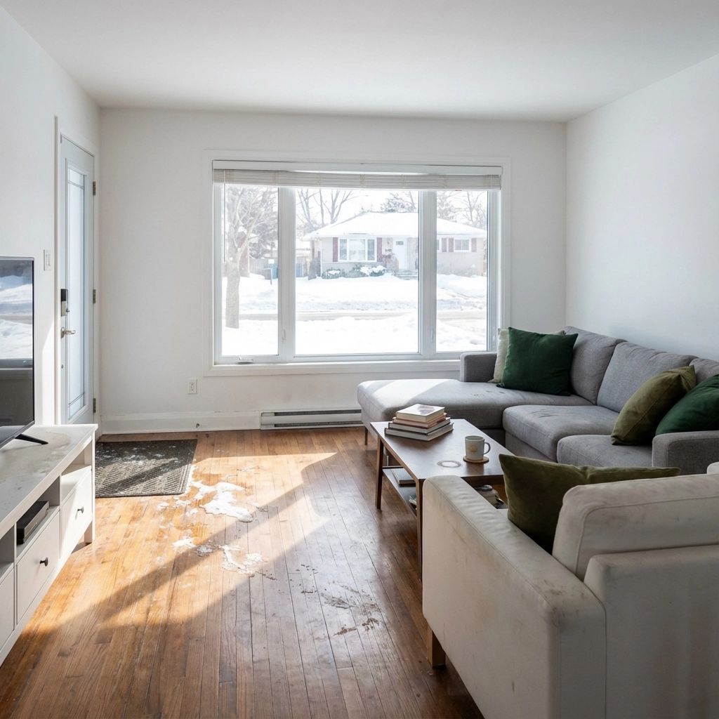 Living room with a gray sectional, white sofa, and a window overlooking a snowy scene.