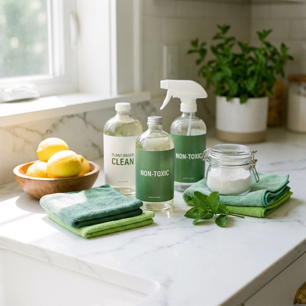 Kitchen counter with cleaning supplies, lemons, and herbs.