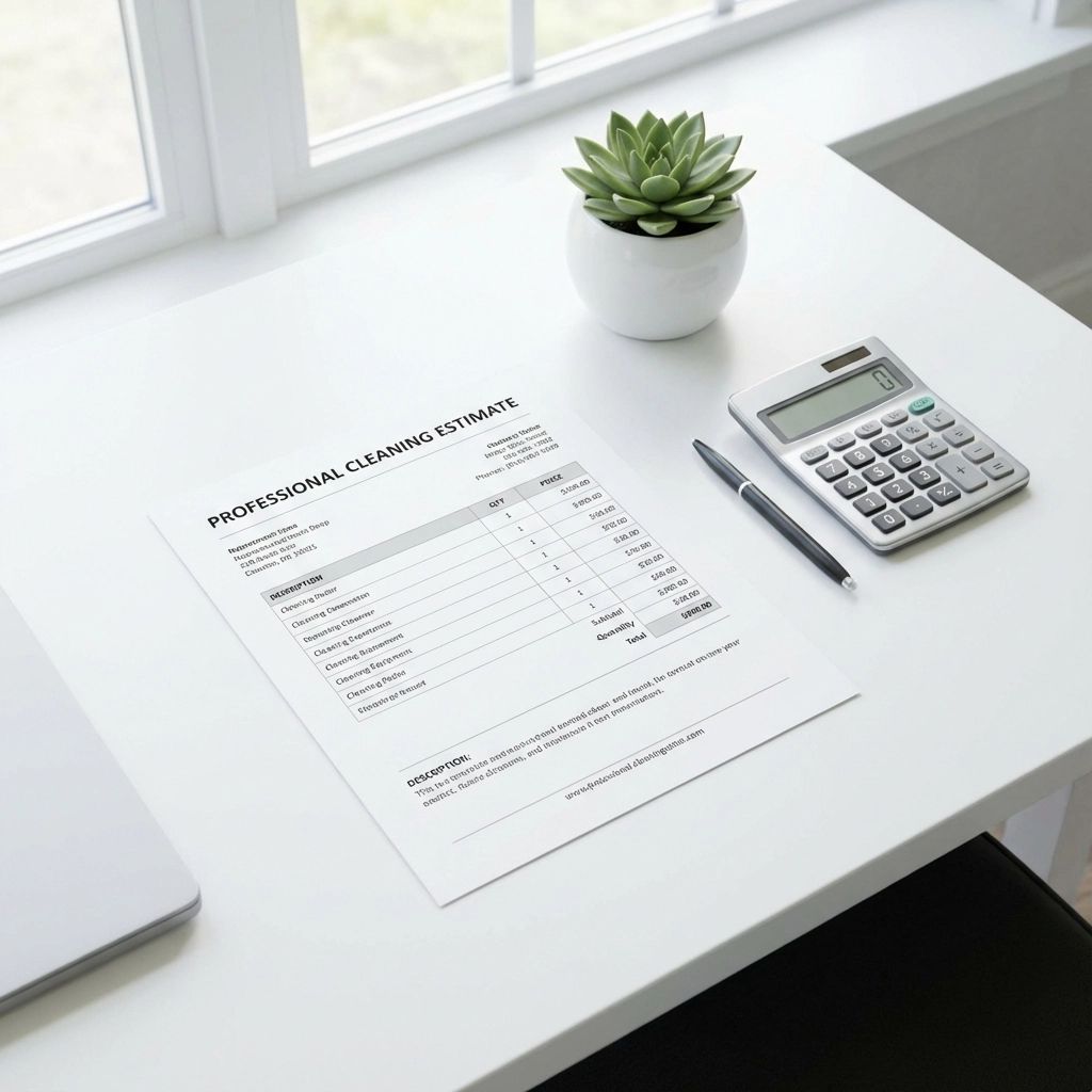 White desk with an invoice, calculator, pen, and a succulent plant.