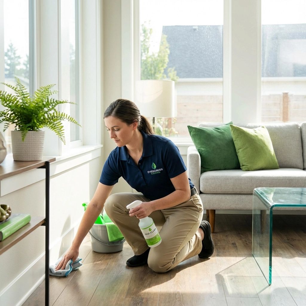 Woman in blue shirt cleans a wooden floor with a spray bottle in a sunny living room.