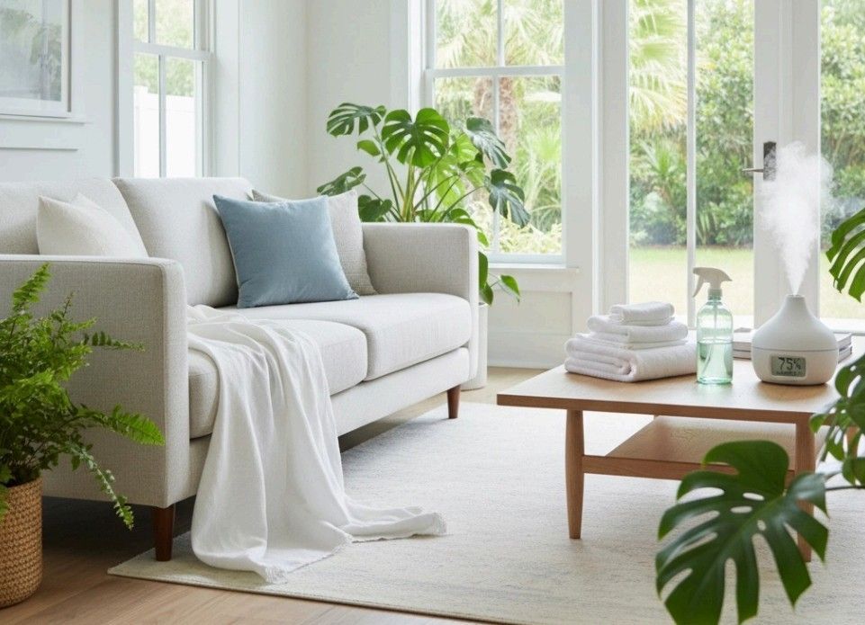 Cozy living room with a white couch, plants, a wooden table, and a humidifier.