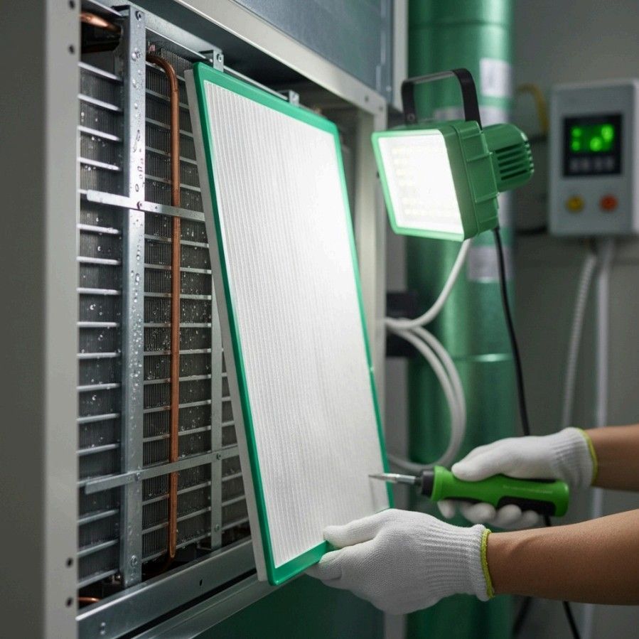 Person in gloves changing an air filter in an industrial machine with a bright green light.