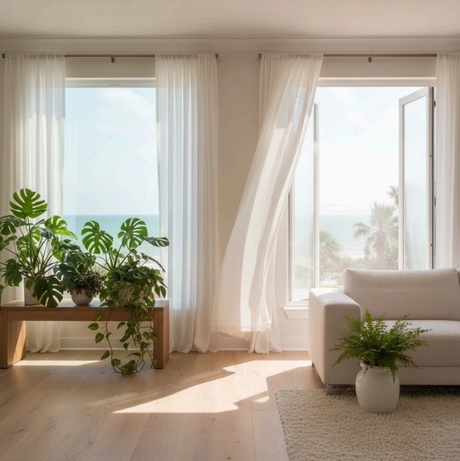 Bright living room with open window overlooking the ocean, white curtains blowing, plants on a wooden bench.