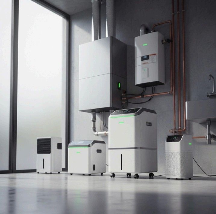 White appliances, dehumidifiers, and a water heater in an indoor setting with copper pipes.