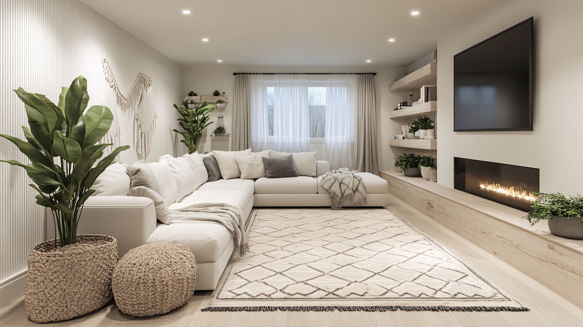 A living room with a large sectional couch , fireplace and television.