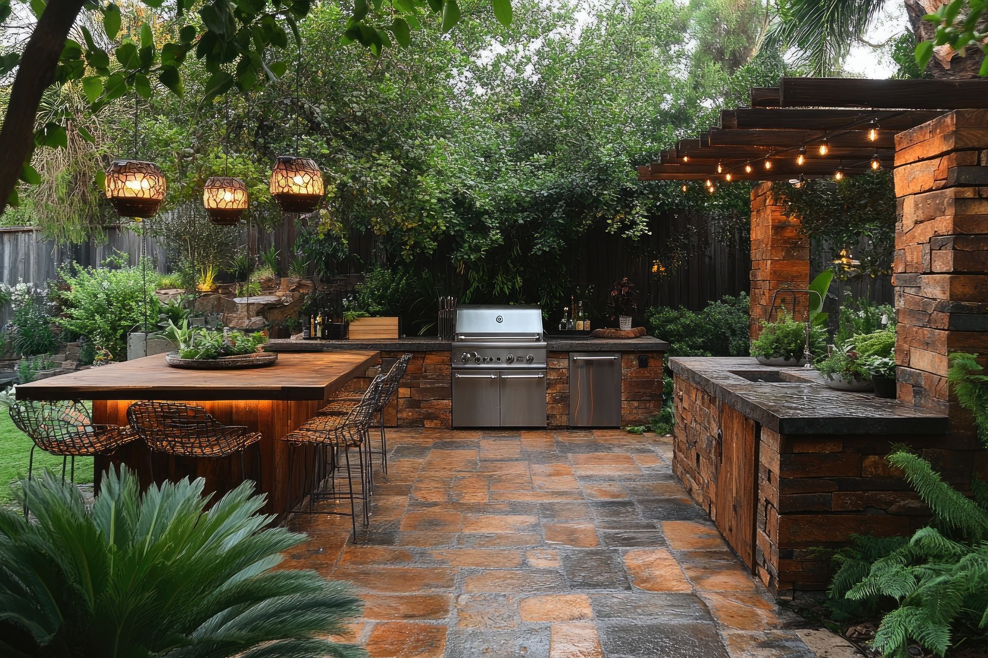 An outdoor kitchen with a stainless steel grill and a wooden table