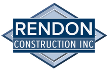 The rendon construction inc logo is a blue and white logo.