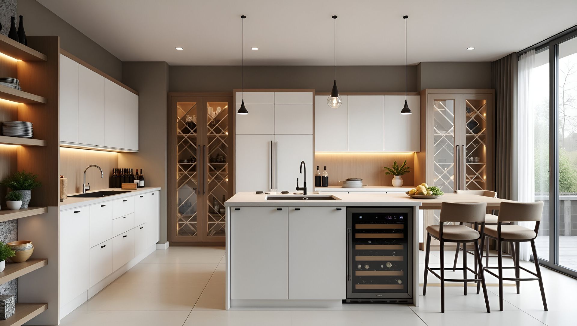 Modern kitchen with white cabinetry, island with wine cooler, and glass doors overlooking a patio. Modern kitchen with white cabinetry, island with wine cooler, and glass doors overlooking a patio.
