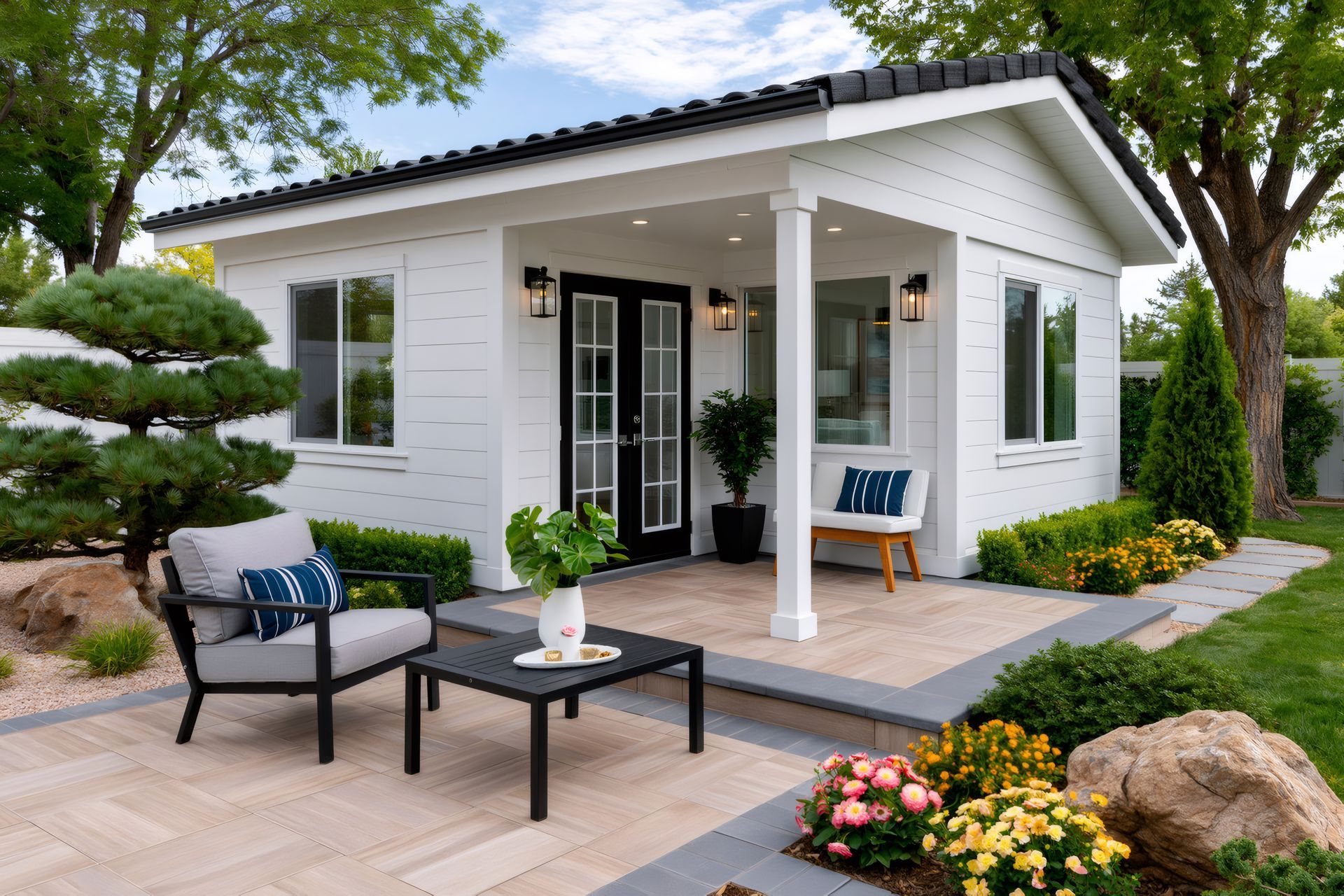 Small white cottage porch with black chairs, table, potted plants, and landscaped flowers and trees