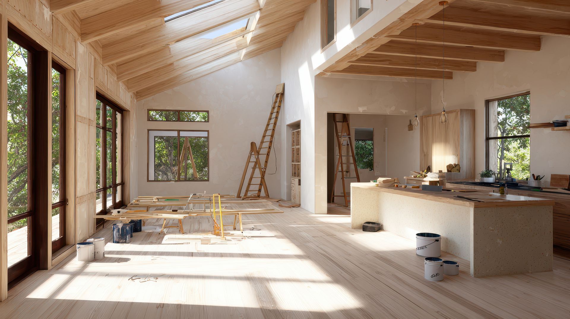 Sunlit unfinished room with exposed beams, large windows, ladder, and worktable in a renovation site