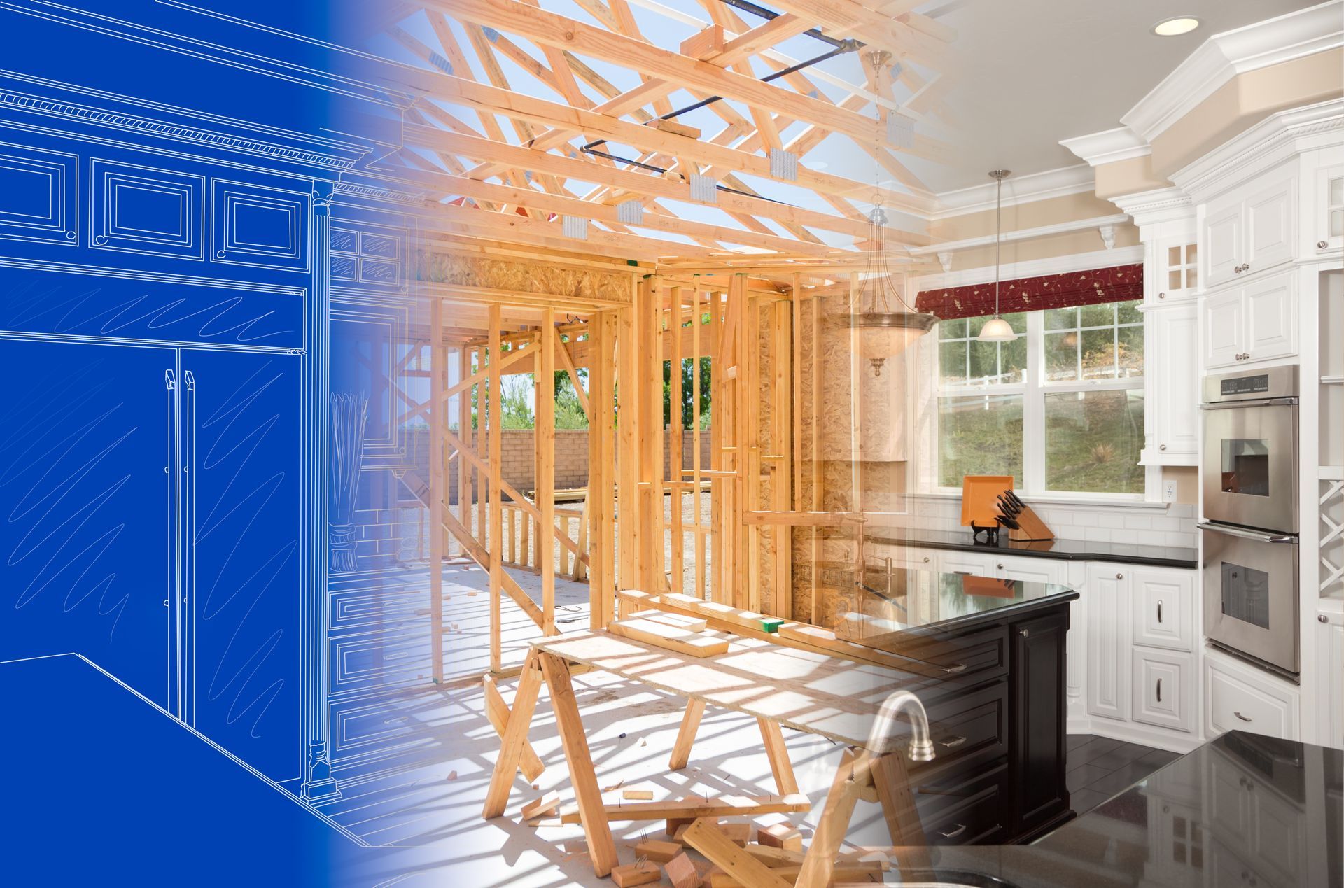 Split image of kitchen remodel: blue blueprint beside framed kitchen, cabinets, and island.