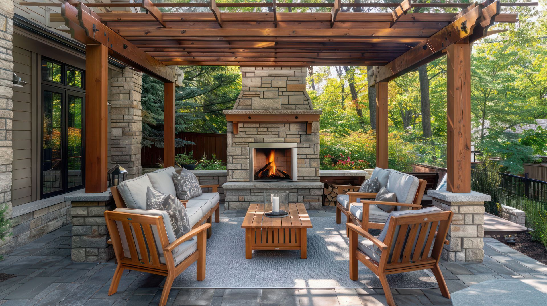 Cozy stone patio with wooden seating, pergola, and a lit outdoor fireplace amid greenery