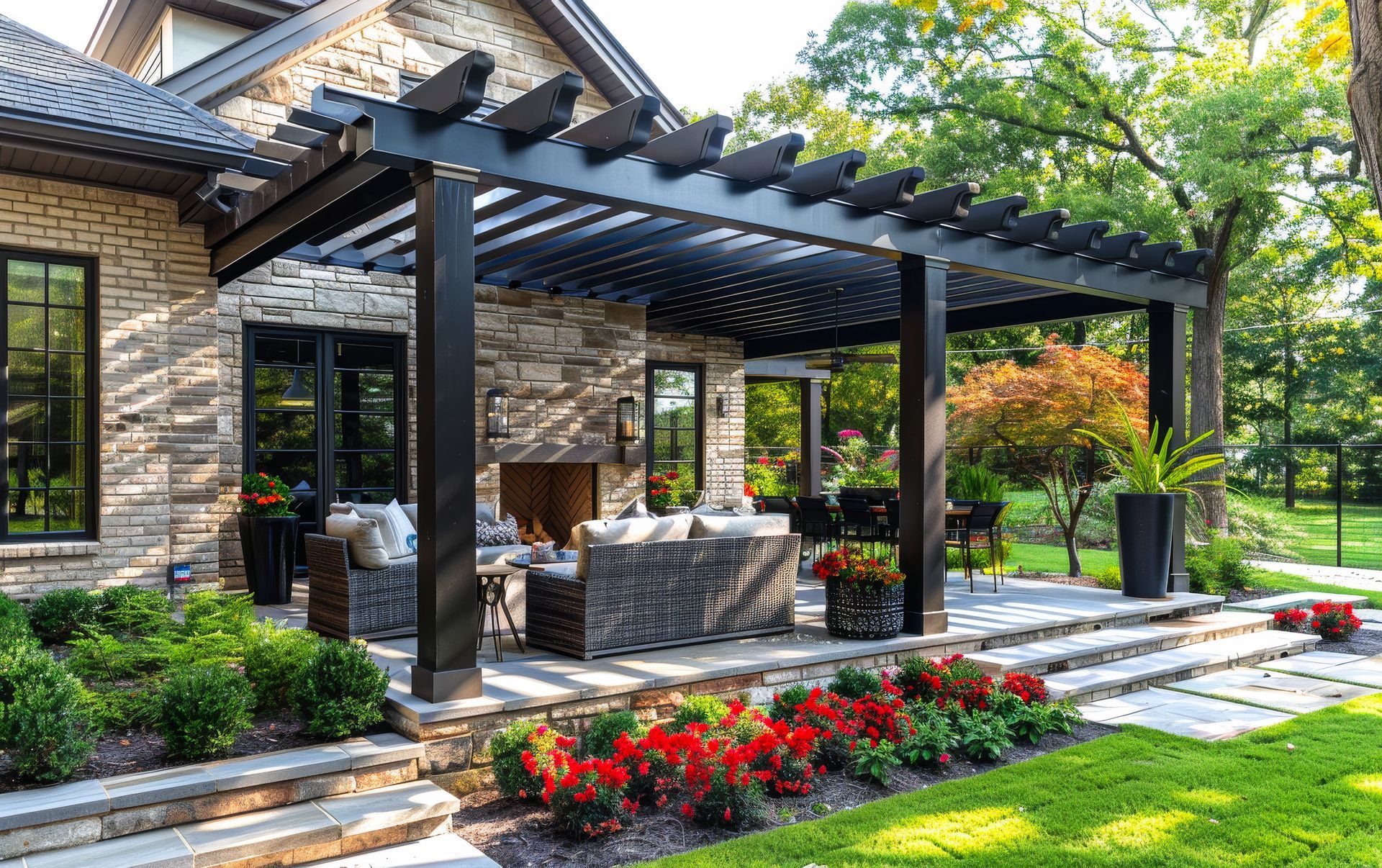 Stone house patio with dark pergola, outdoor seating, and flower beds beside a green lawn