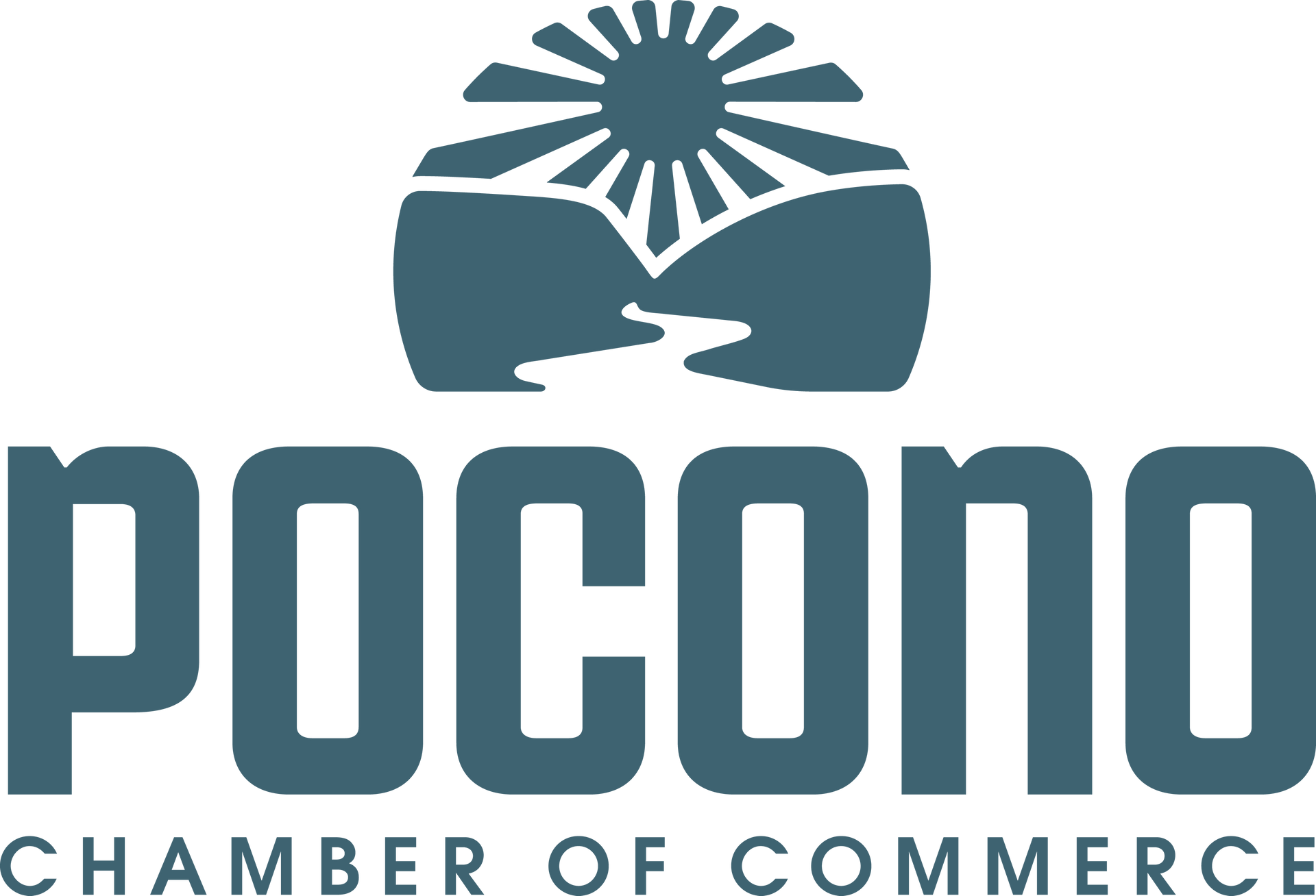 Pocono Chamber of Commerce logo with stylized mountains and sunrise over a river