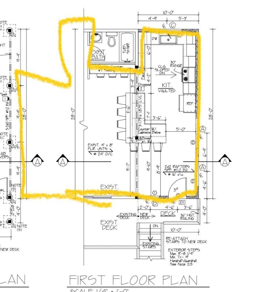 Floor plan of a building layout; yellow highlighting shows a path.