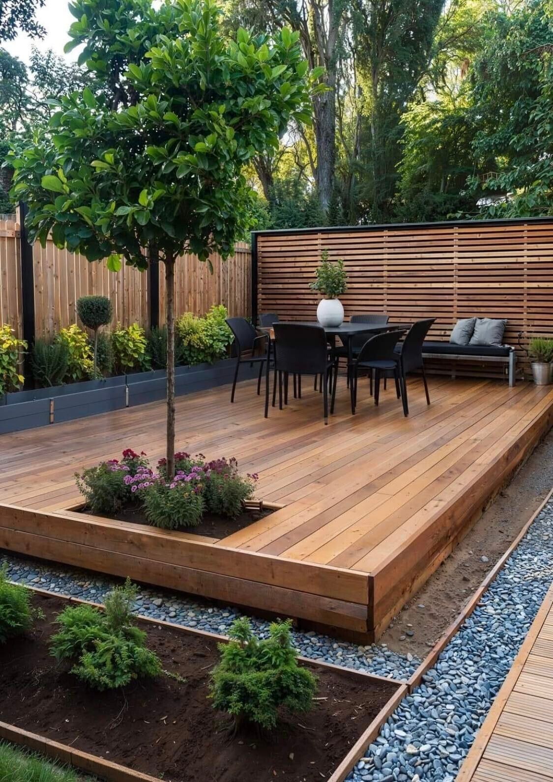 There is a wooden deck with a table and chairs on it.