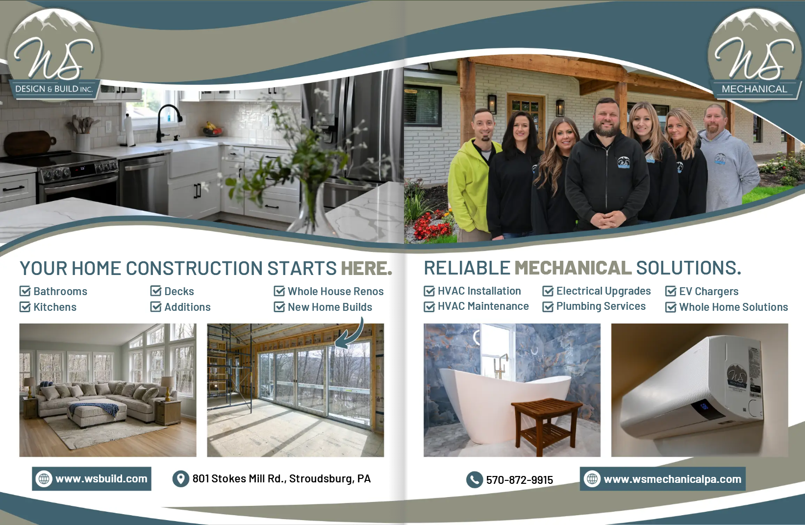 Brochure promoting home construction and mechanical solutions. Features photos of interiors and a team.