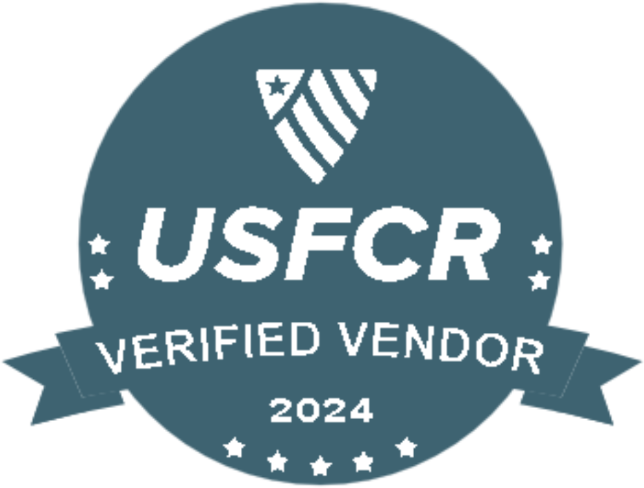 USFCR Verified Vendor 2024 badge with blue circle, stars, and ribbon banner