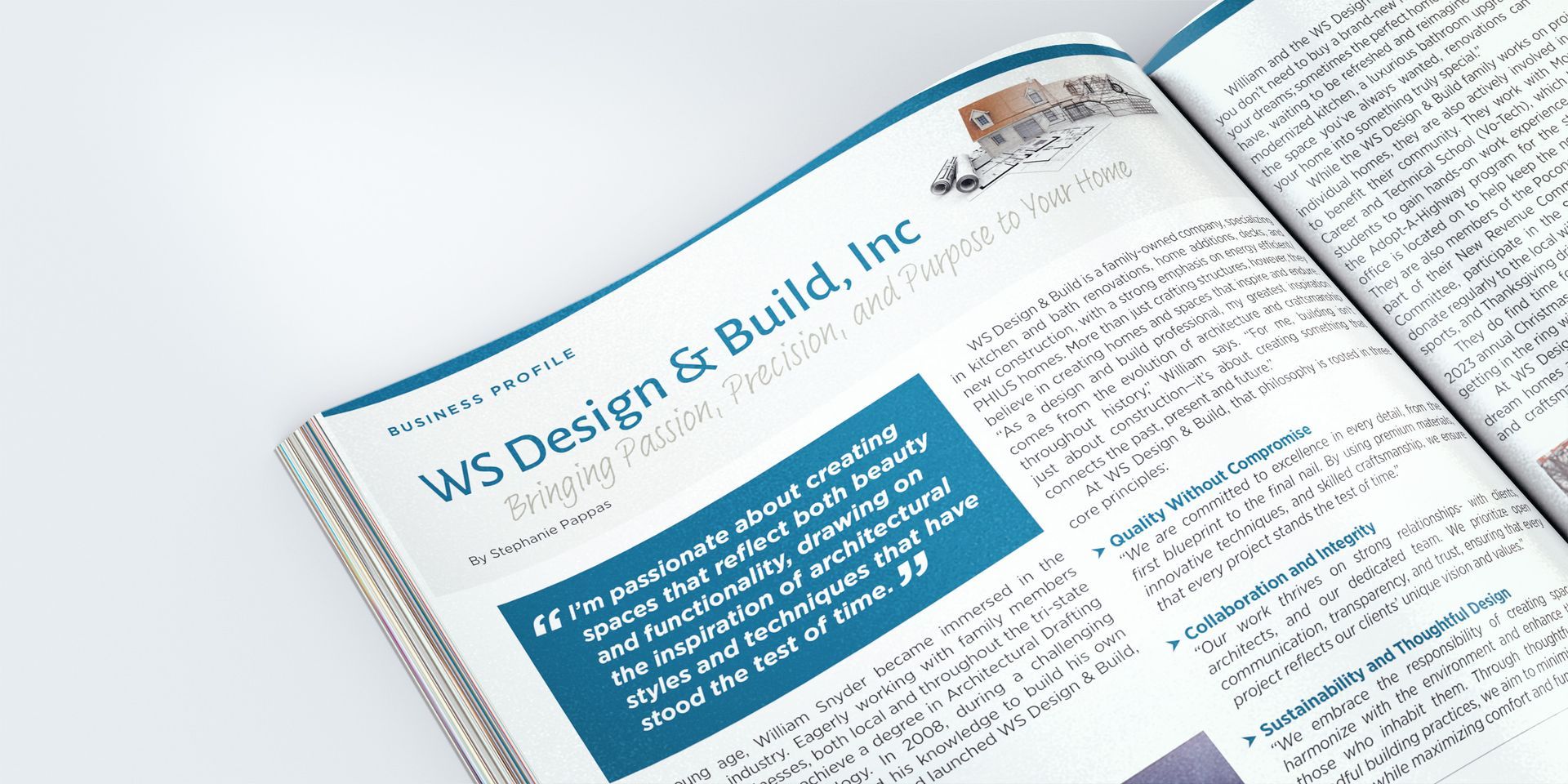 A magazine is open to a page that says ws design & build inc.