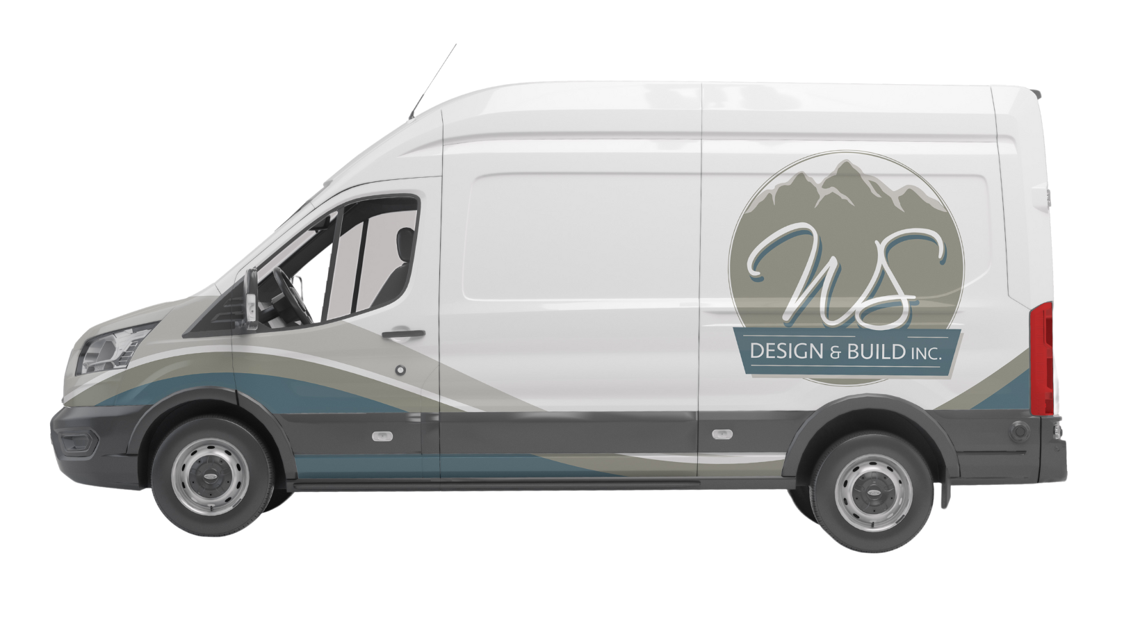 A white van with a logo on the side is on a white background.