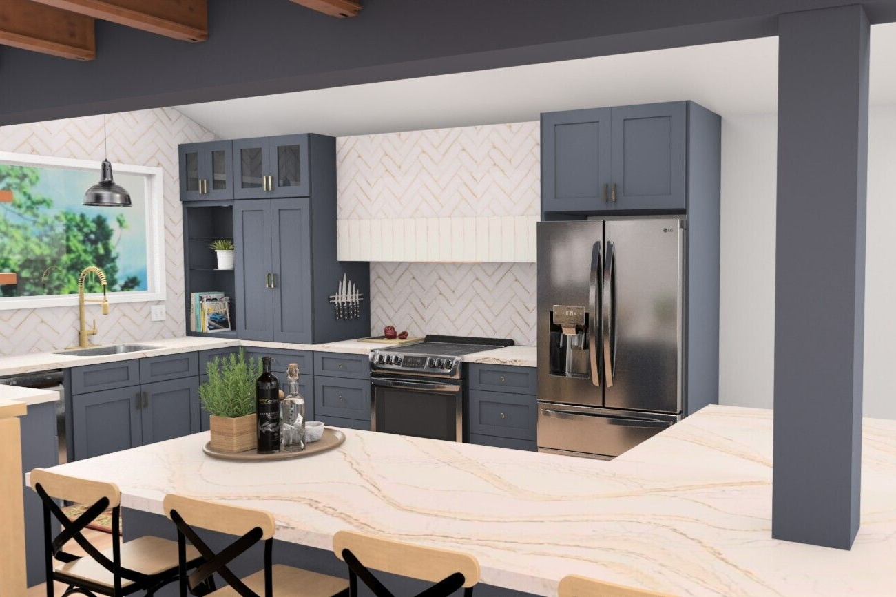 Kitchen with blue cabinets, stainless steel refrigerator, and quartz countertop island.
