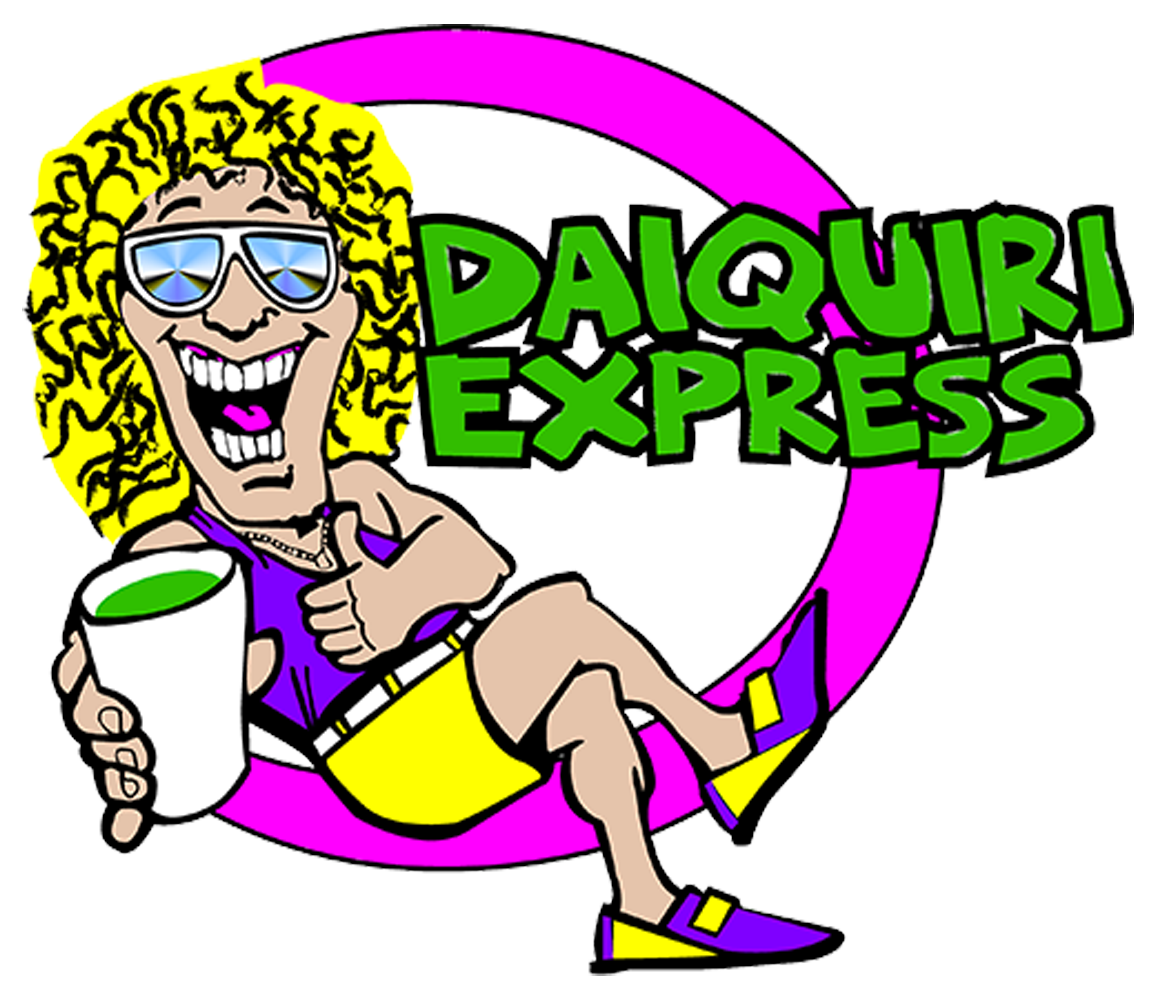 Cartoon woman with sunglasses and a green drink, "Daiquiri Express" logo.