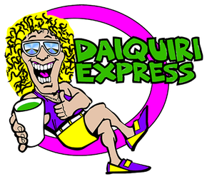 Cartoon woman with sunglasses and a green drink, "Daiquiri Express" logo.
