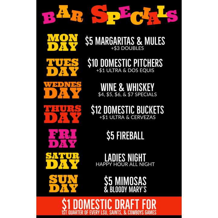 Bar specials sign on black background. Offers include drink specials for each day of the week.