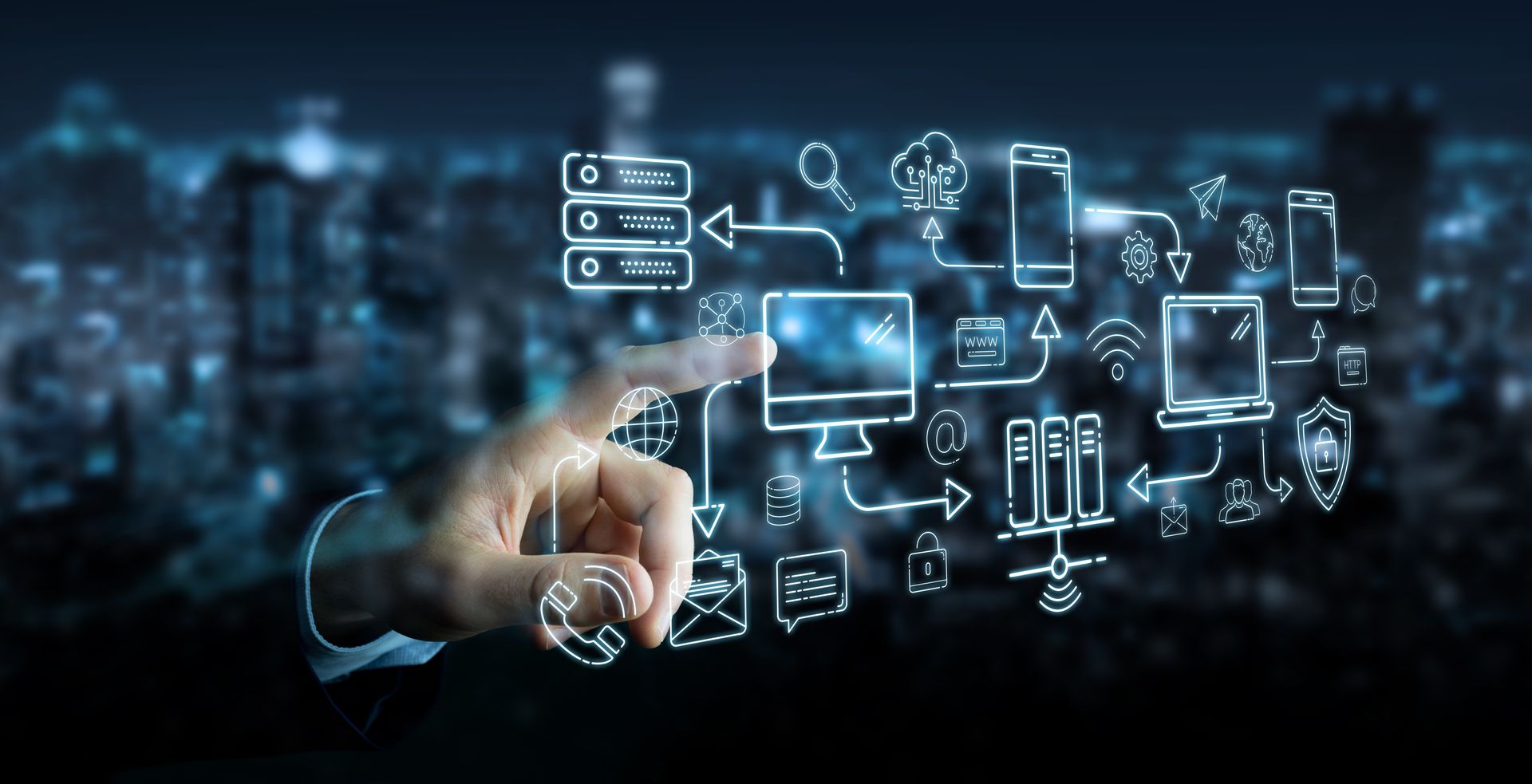 Hand touching a glowing digital network of connected icons on a dark blue background