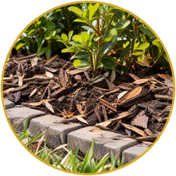 Mulch around a small green shrub bordered by gray pavers and grass blades