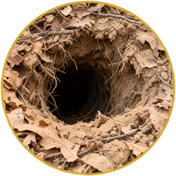 Close-up of a round dirt burrow entrance in dry soil with roots around the opening